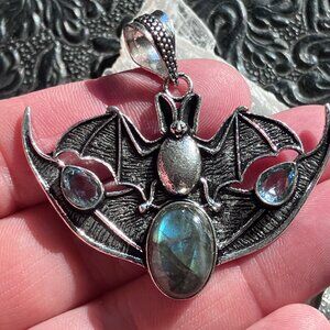 Halloween Flying Vampire Bat Labradorite and Blue Topaz Gemstone Crystal Jewelry